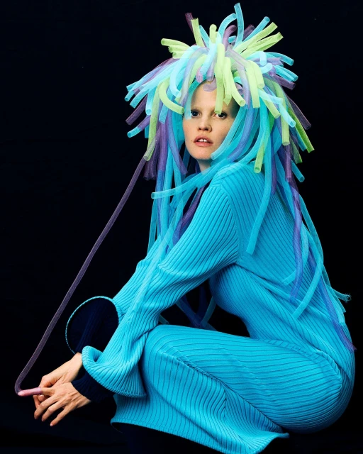 Portrait of a woman with an elaborate, colorful headdress made of plastic tubes, posing in a teal dress against a black background.