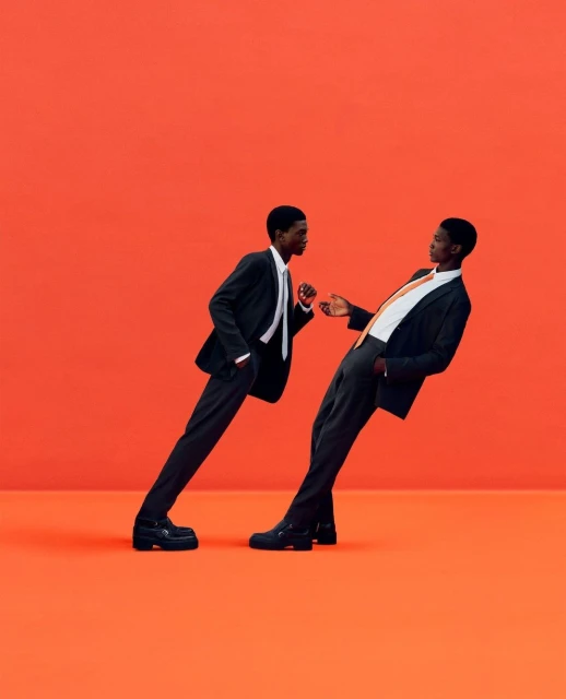 Two African American men in dark suits lean in toward each other on an orange background, creating a striking and modern image.