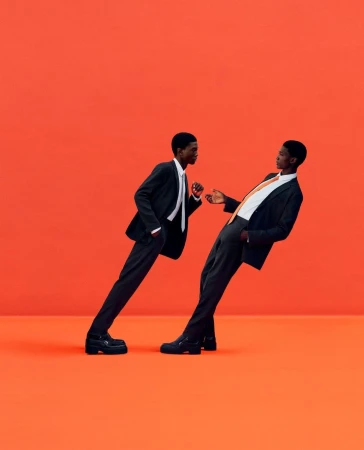Two African American men in dark suits lean in toward each other on an orange background, creating a striking and modern image.