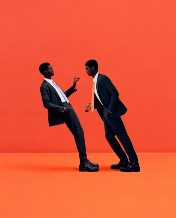 Two black men in dark suits posing against a vibrant orange studio background by Julian Song in London