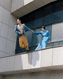 Two models posing on a concrete ledge against a modern building exterior, photographed by Julian Song in London.