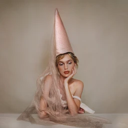 Woman wearing a tall pink cone hat with sheer glittery tulle draped over her shoulder against a neutral studio backdrop