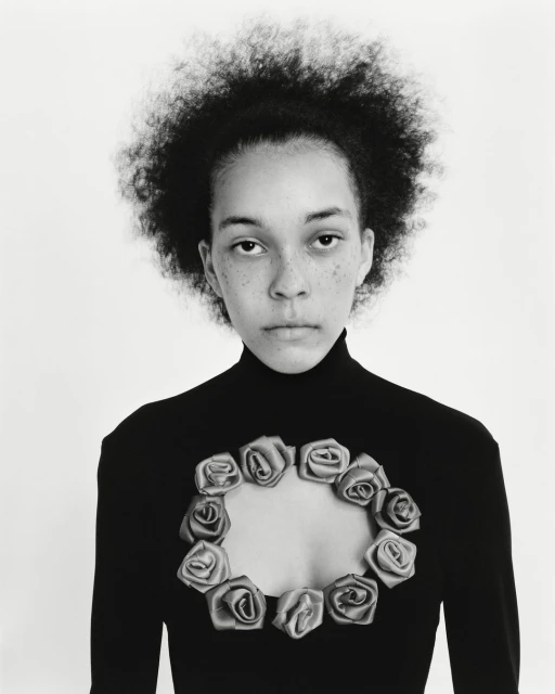 Portrait of a woman with afro hair wearing a black turtleneck sweater with rose embellishments, set against a stark white background.