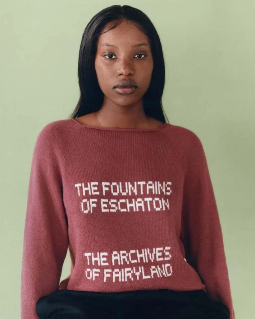 Headshot of a young adult female wearing a dark pink sweater with white block lettering on a light green studio background.