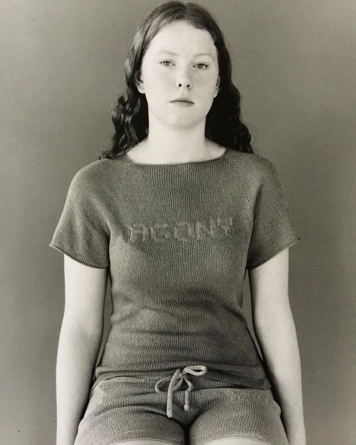 Young adult female with wavy hair wearing a knit t-shirt and shorts. Sitting indoors against a plain background in a medium shot.