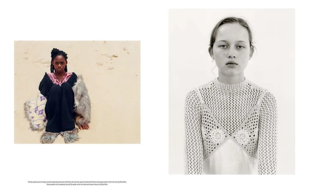 Two portraits: one of a young woman in a black dress on a beach, and another a close up of a girl wearing a crochet top.