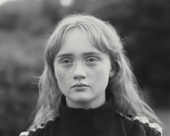 Portrait of a young woman with freckles and long blonde hair wearing a dark zip-up jacket, photographed by Julie Greve.