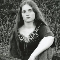 Monochrome portrait of a young woman with long dark hair wearing a patterned knit top against foliage