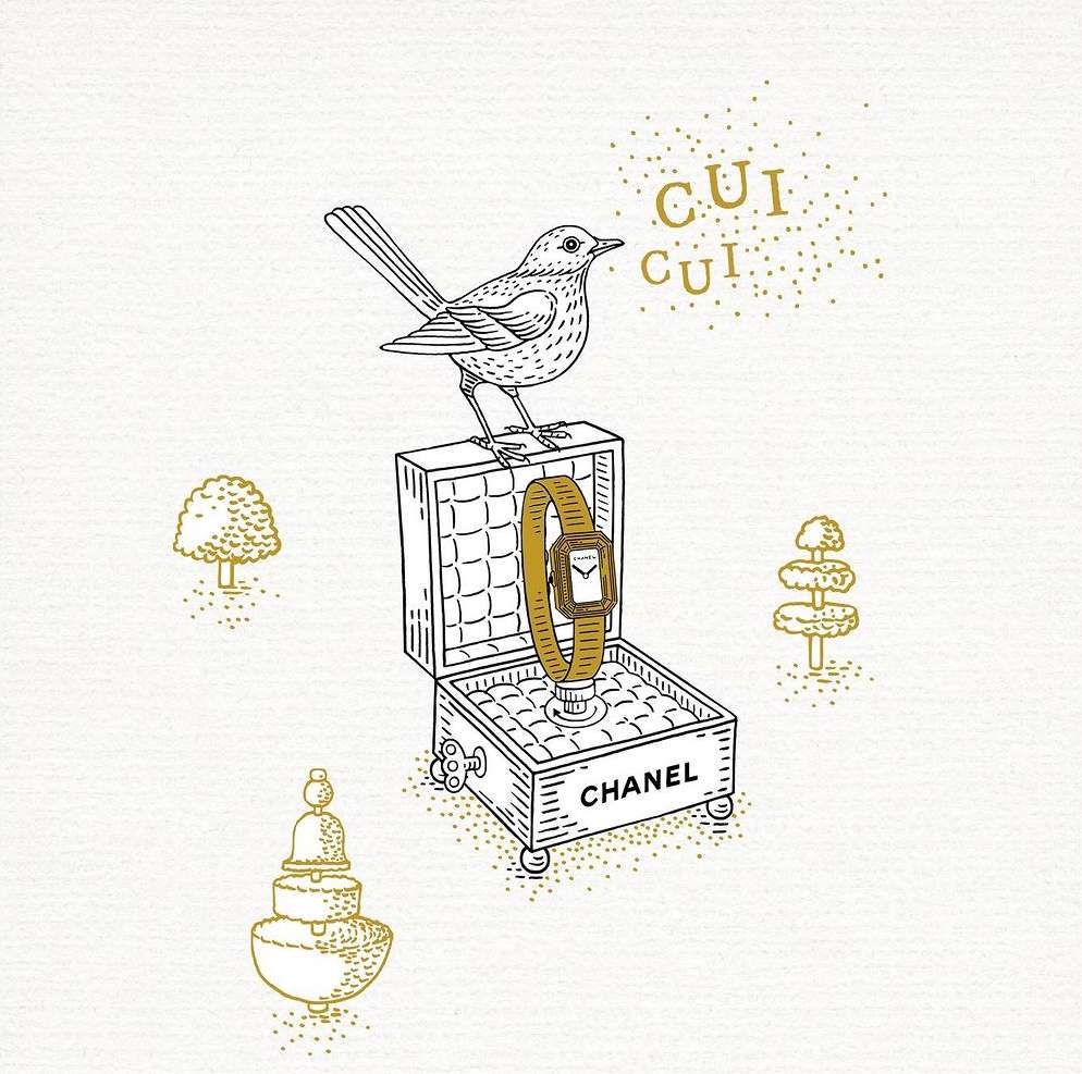 Illustration of a bird perched atop a Chanel jewelry box that displays a gold watch with gold trees in the background.
