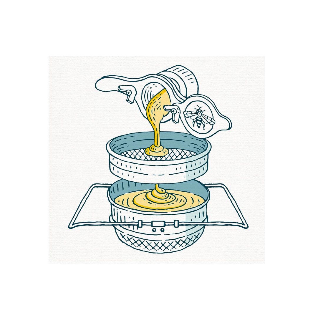 Illustration of a honey extraction process with liquid honey flowing through a sieve into a container against a white background.