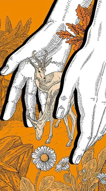 Artistic illustration of two antelopes framed by large hands amid wildflowers and autumn leaves, in shades of orange and white.