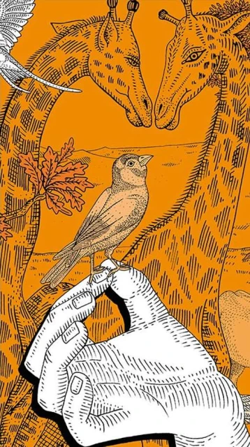 Art illustration of a bird perched on a hand, with two giraffes, tree leaves, and faint mountains in the background, all in orange tones.