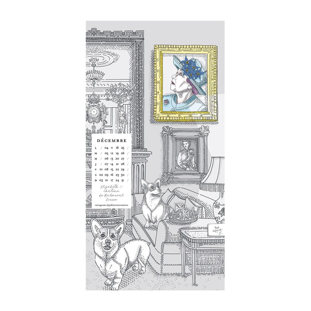 Illustration of two corgis in a room with portraits of Queen Elizabeth II, rendered in a gray color palette with some color highlights.