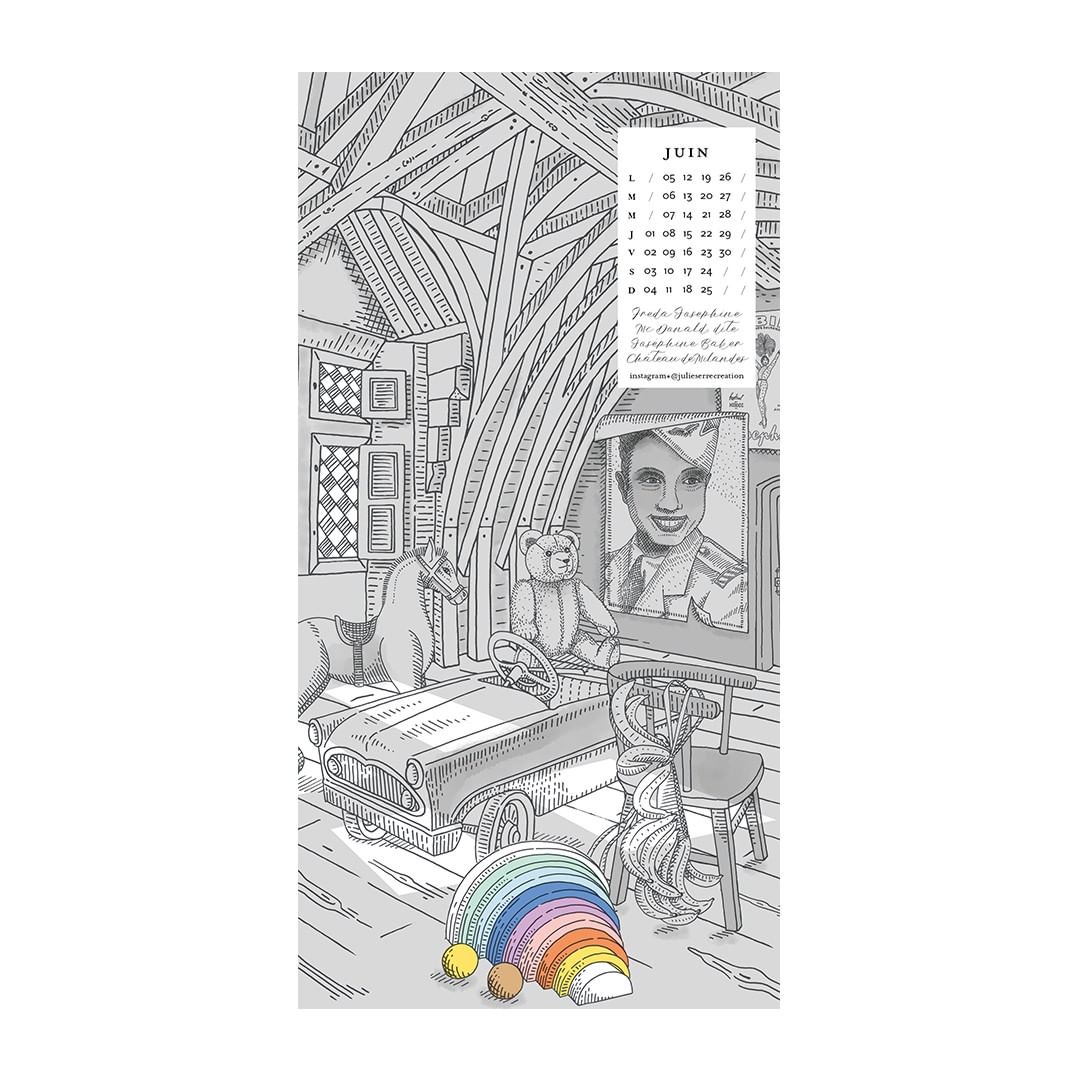 Illustration of a room with toys including a teddy bear, toy horse, and toy car with a rainbow on the floor, and a calendar.