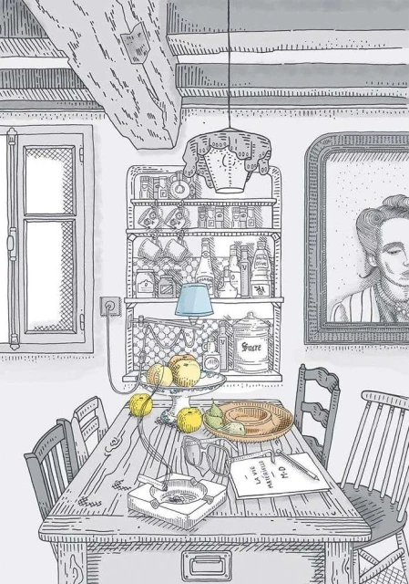 Illustration of a wooden dining table with food, dishware, and a book, under a hanging light fixture in a room with vintage decor.