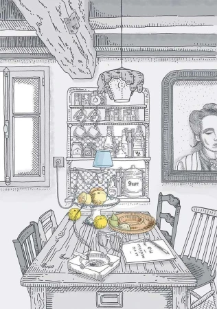 Illustration of a wooden dining table with food, dishware, and a book, under a hanging light fixture in a room with vintage decor.