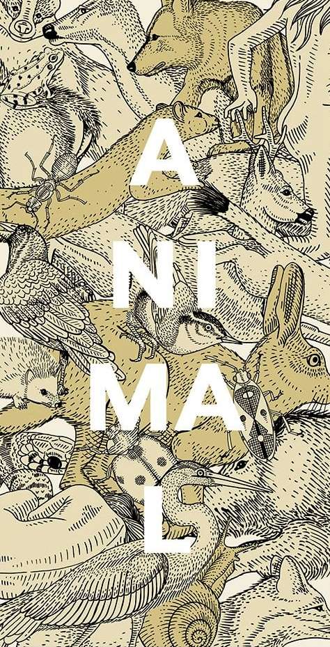 Illustration with various animals including fox, deer, bird, snail and rabbit. Text overlay of the word 'Animal' in white. 