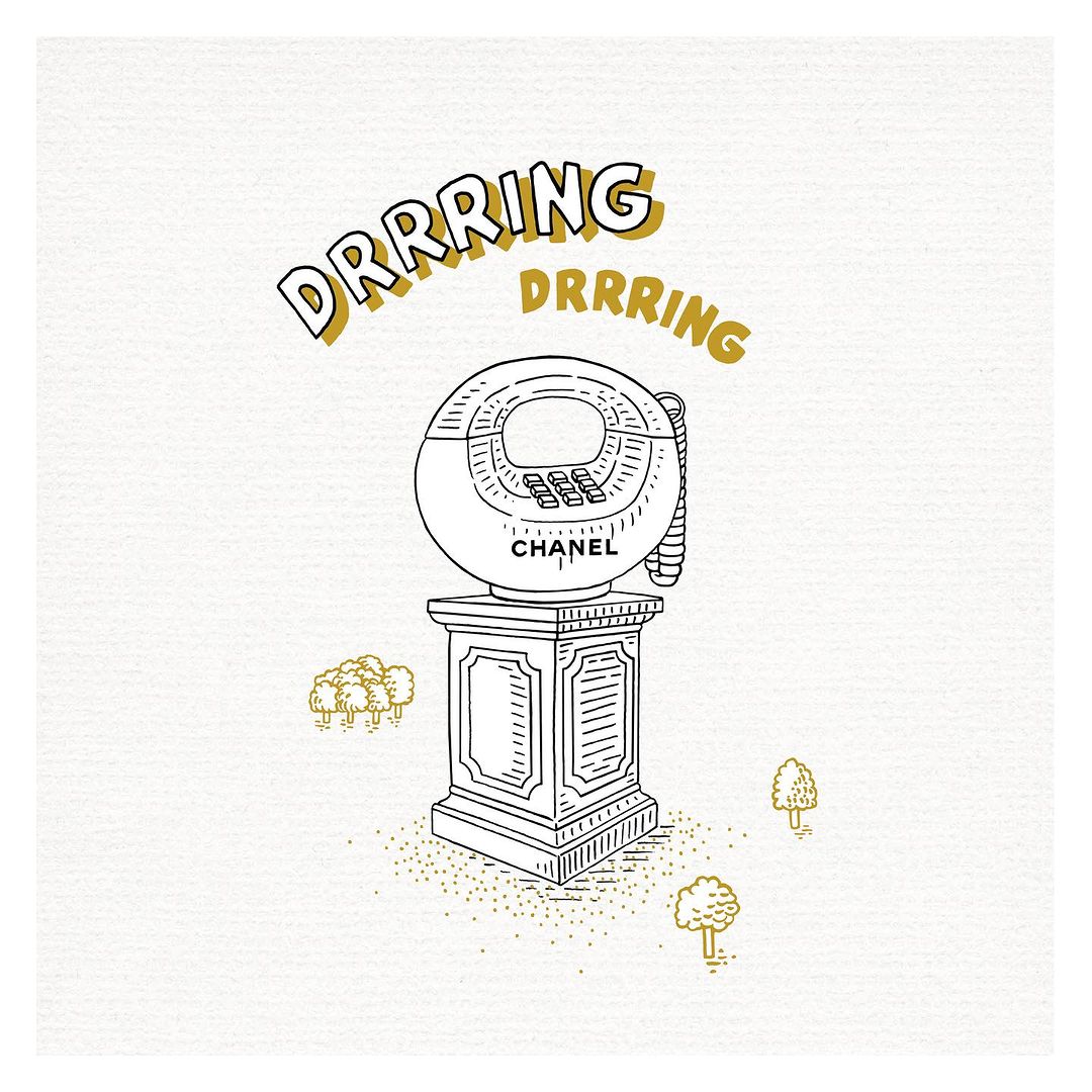 Illustration of a rotary telephone on a pedestal with the word "Chanel" on it and the word "DRRRING" above it in tan lettering.