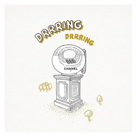 Illustration of a rotary telephone on a pedestal with the word "Chanel" on it and the word "DRRRING" above it in tan lettering.