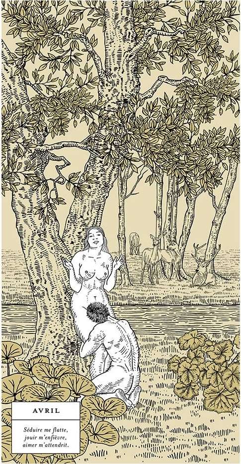 Monochrome illustration of a nude couple in a forest with grazing deer in the background and text 'Avril' at the bottom.