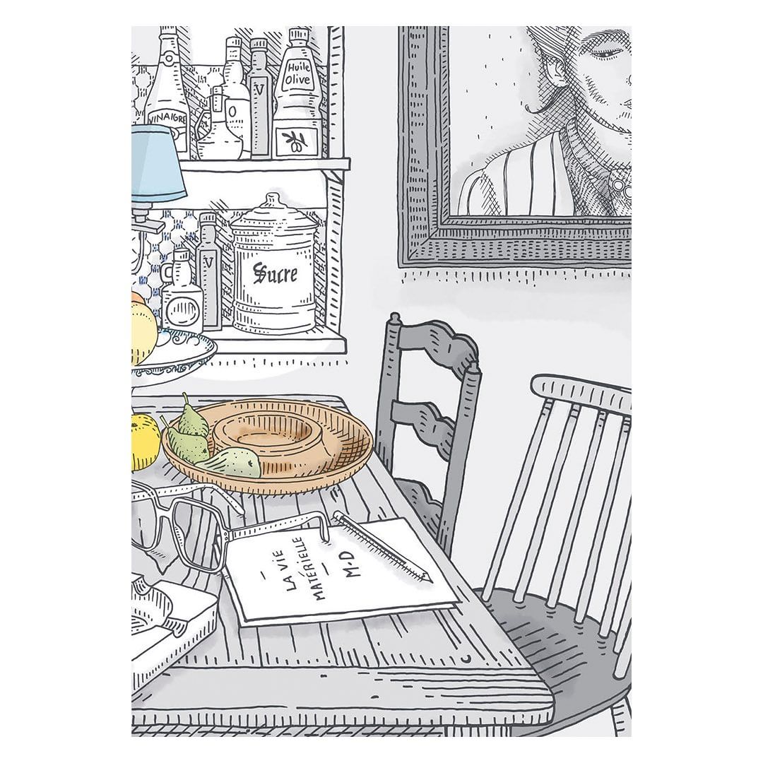 Whimsical illustration of a kitchen table setting with dishes, fruit, glasses, and a notebook on a checkered table, enhanced by a framed portrait.