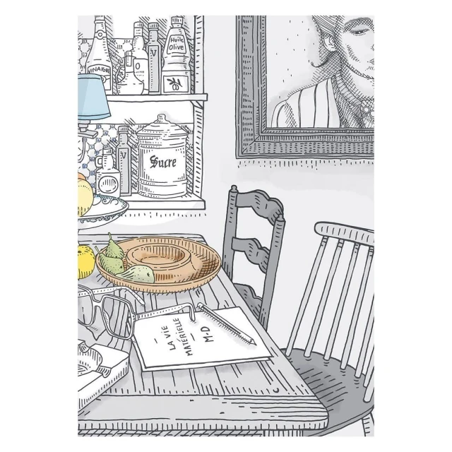 Whimsical illustration of a kitchen table setting with dishes, fruit, glasses, and a notebook on a checkered table, enhanced by a framed portrait.