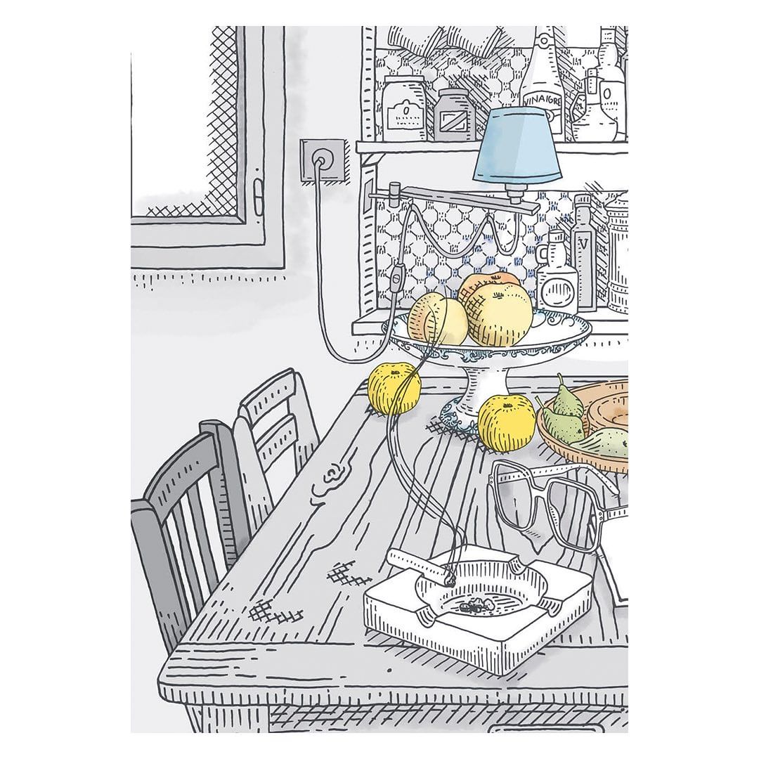 Illustrated still life interior showing a wooden dining table with a bowl of fruit, a lit cigarette in an ashtray, and eyeglasses.