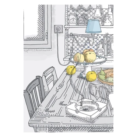 Illustrated still life interior showing a wooden dining table with a bowl of fruit, a lit cigarette in an ashtray, and eyeglasses.
