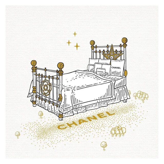 Illustration of a Chanel-branded bed with white bedding, a gold frame, and gold decorative details against a white background.