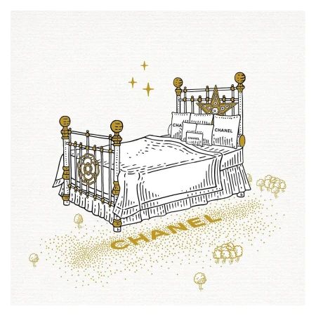 Illustration of a Chanel-branded bed with white bedding, a gold frame, and gold decorative details against a white background.