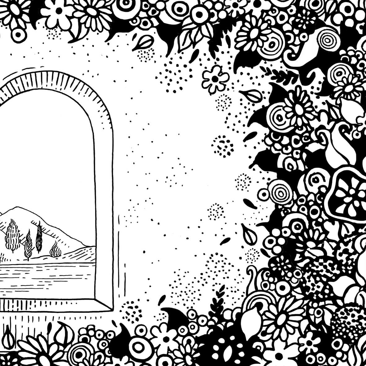Black and white illustration of flowers and leaves around a window overlooking a landscape with mountains and trees.