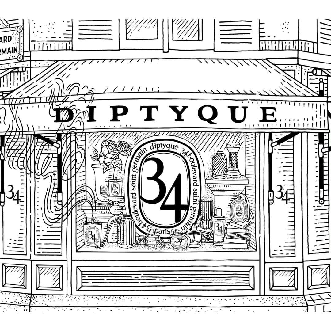 Black and white illustration of a Diptyque store facade featuring a prominent storefront window displaying various fragrance products.