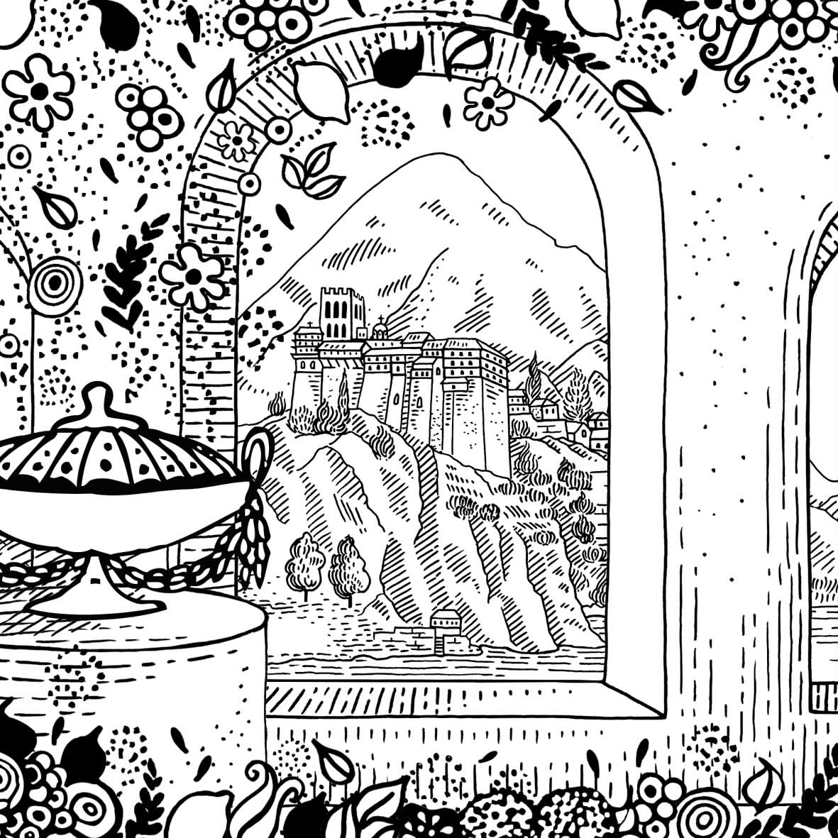 Black and white illustration of an outdoor view with a castle on a hill framed by an archway adorned with flowers and leaves.