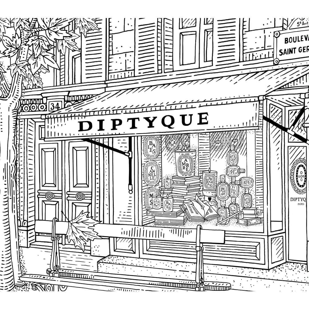 Hand-drawn illustration of a Diptyque store with perfume bottles in the window, set on a Paris street with leaves on the sidewalk.
