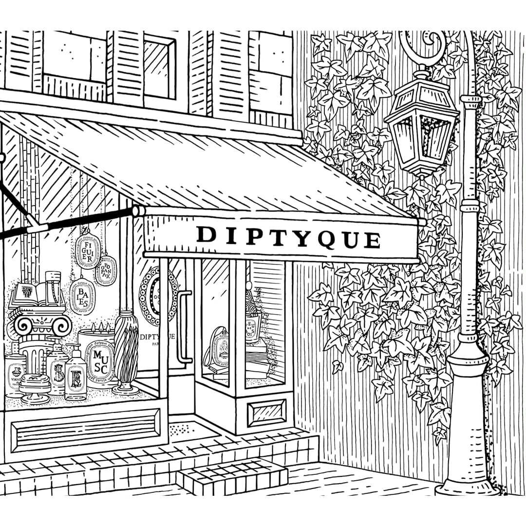 Illustration of the Diptyque store facade with awning and product display in the window, surrounded by lush ivy and a vintage lamppost.