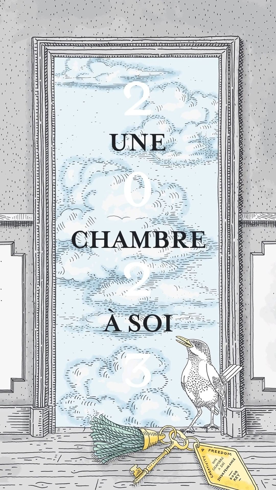 Illustration of a door opening to a cloudy sky, with a bird, keys, and French text on the doorframe, creating an artistic scene.