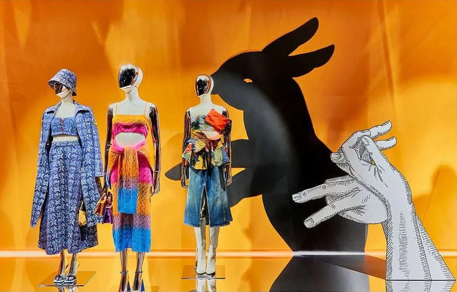 Three mannequins in contemporary fashion are displayed against a gradient orange backdrop with graphic shadow art of a hand and bunny ears.