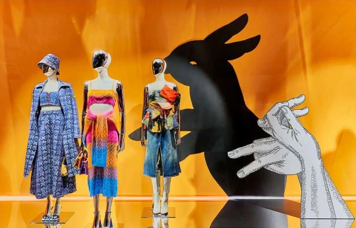 Three mannequins in contemporary fashion are displayed against a gradient orange backdrop with graphic shadow art of a hand and bunny ears.