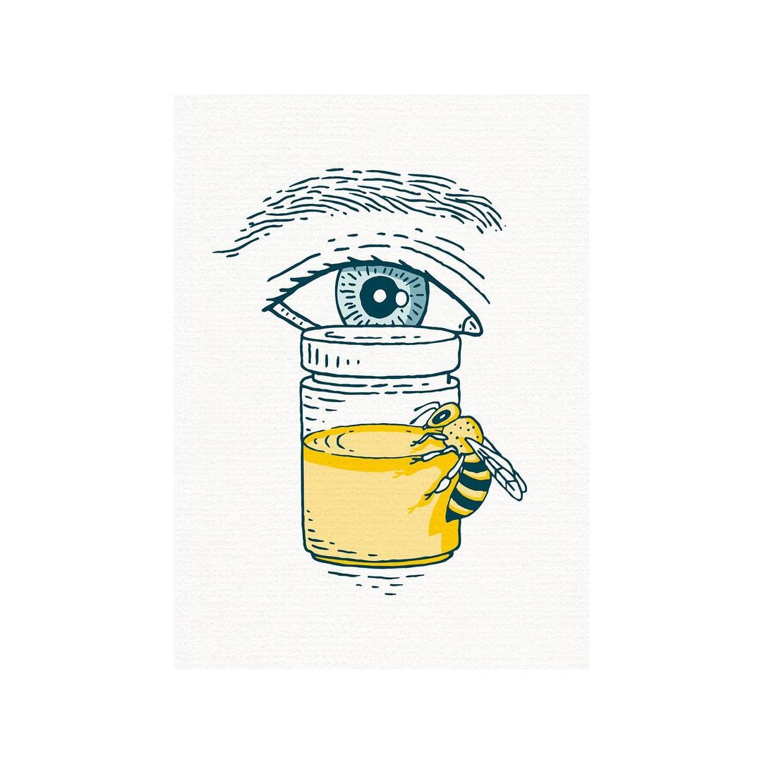Illustration of a human eye above a jar of honey with a bee perched on its side; clean graphic style with blue outlines and a white background.