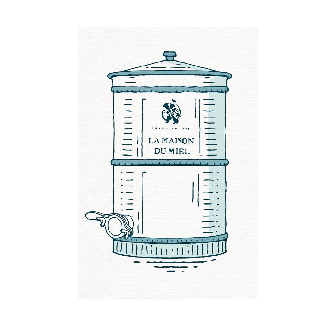 Illustration of a blue and white honey container. The container is labeled "La Maison Du Miel" on a white background.
