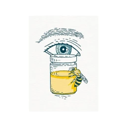Detailed ink illustration of an eye above a honey jar with a bee, created by illustrator Julie Serre