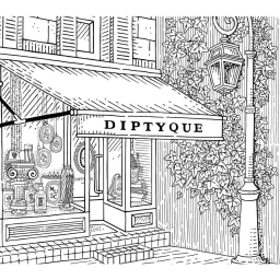 Black and white ink illustration of a Parisian storefront with an awning reading DIPTYQUE and an ornate streetlamp covered in ivy