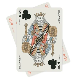 King of clubs playing card illustration by Julie Serre showing a crowned king holding scepters