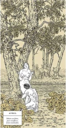 Detailed ink illustration of a woman standing and a man kneeling by a tree near water, by Julie Serre