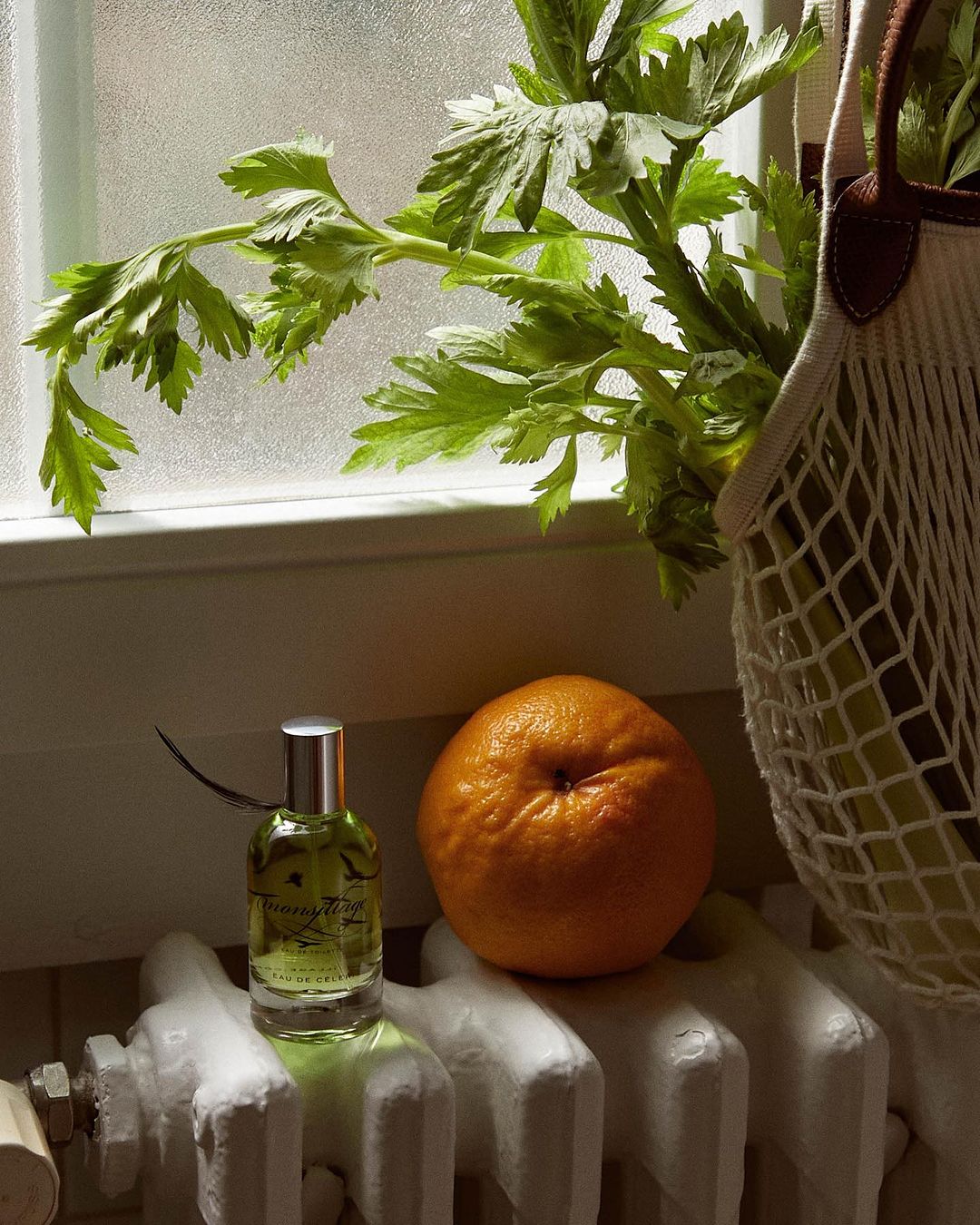 Still life photo featuring a perfume bottle and an orange atop a white radiator, accented by green celery and a string bag near a window.