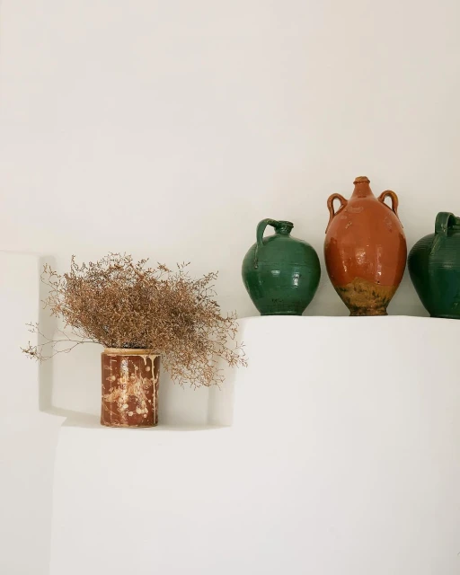 A terracotta pot with dried flowers sits next to a shelf holding a group of green and brown earthenware jugs on a white background.