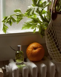A perfume bottle and fresh orange sit on a white radiator beside a mesh bag of celery hanging near a window.