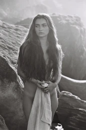 Black and white portrait of a woman with long wavy hair holding a towel amidst rocky coastal boulders.
