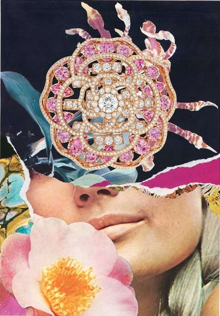 Collage artwork featuring a woman's face, a floral brooch with pink gemstones, and botanical elements against a dark background.