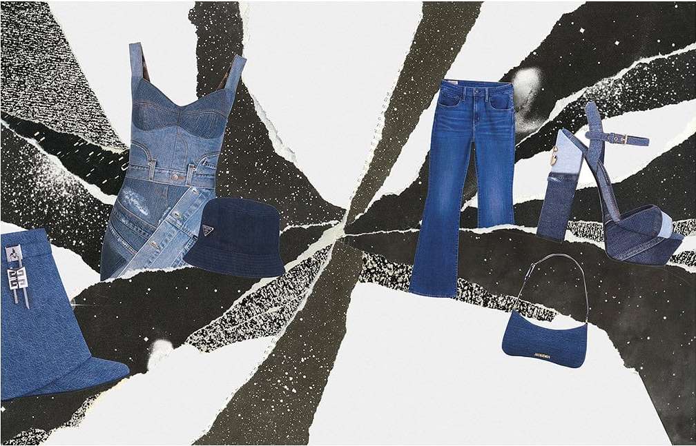 Collage of denim fashion items including a dress, pants, heels, bucket hat and purse on an abstract black and white background.